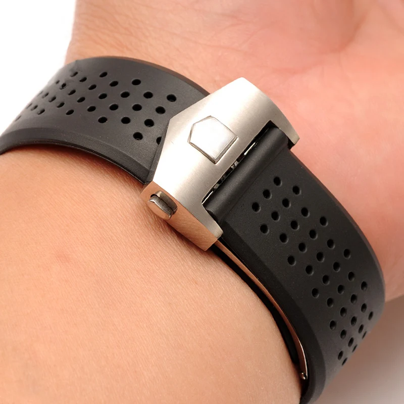 

22 24mm Watchbands For TAG HEUER GRAND CARRERA Men Deployment Clasp Silicone Strap Watch Accessories Rubber Watch Bracelet Chain