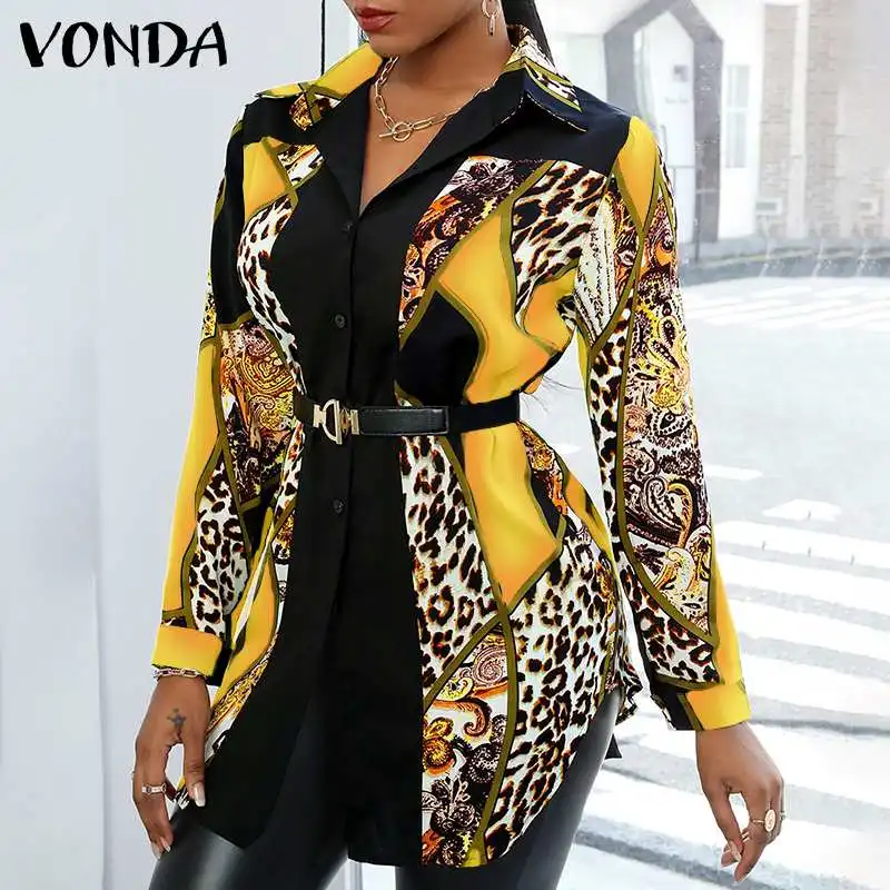 

Oversized Women Shirts 2022 VONDA Long Sleeve Lapel Stylish Shirts Vintage Printed Long Blouse OL Style Tops Blusas Femininas