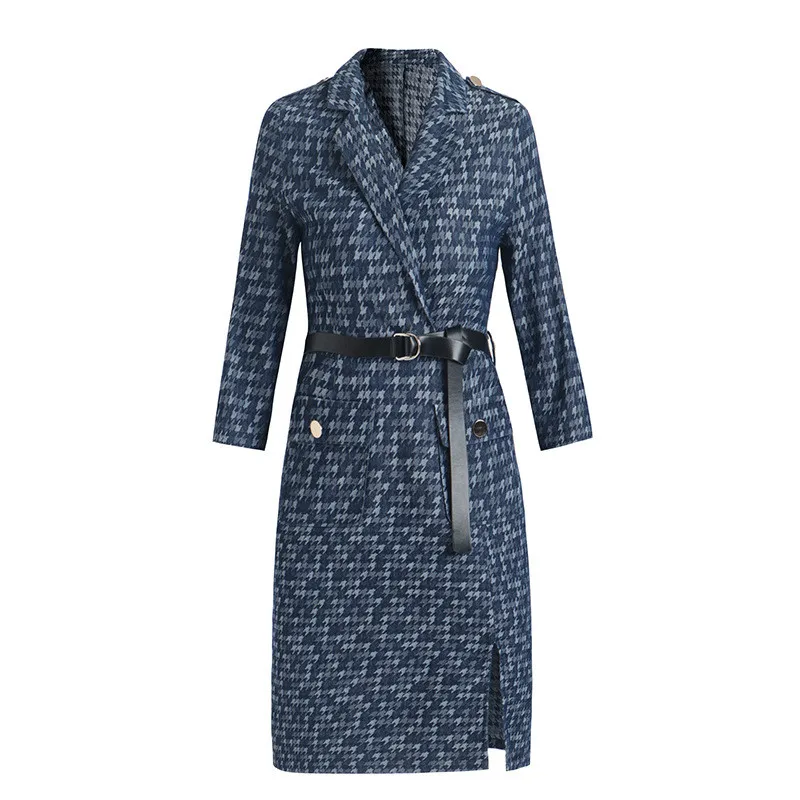 

2021 Spring Summer Dress Women Three Quarter Sleeve French Style Jacquard Denim Split Notched Blue Elegant Fashion Midi Dresses