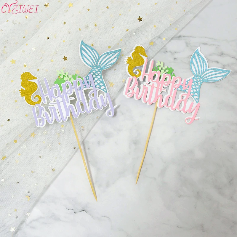 

1pc Little Mermaid Party Cake Topper Happy Birthday Cake Topper Birthday Party Decor Kids Under The Sea Party Supplie Sweet Gift