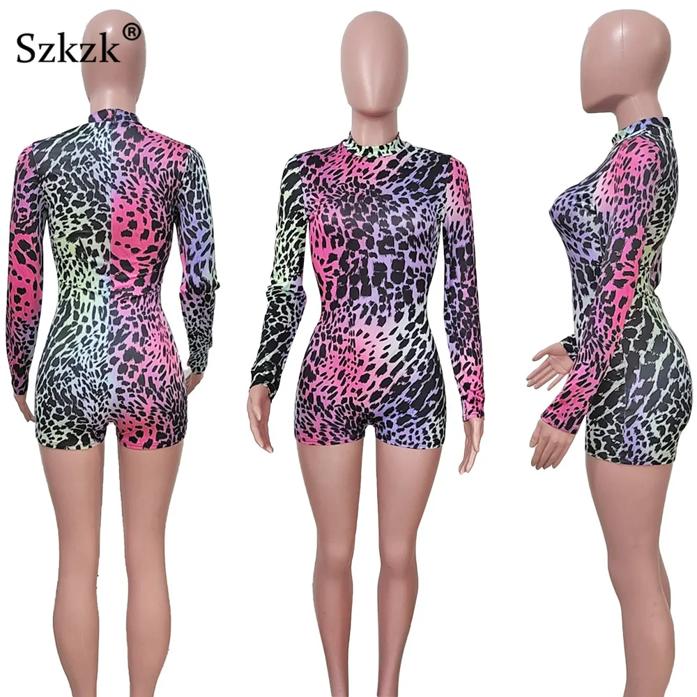 

Szkzk Leopard Print Bodycon Playsuit O Neck Long Sleeve Summer Rompers Playsuits Sexy Club Playsuit For Women Clubwear 2021