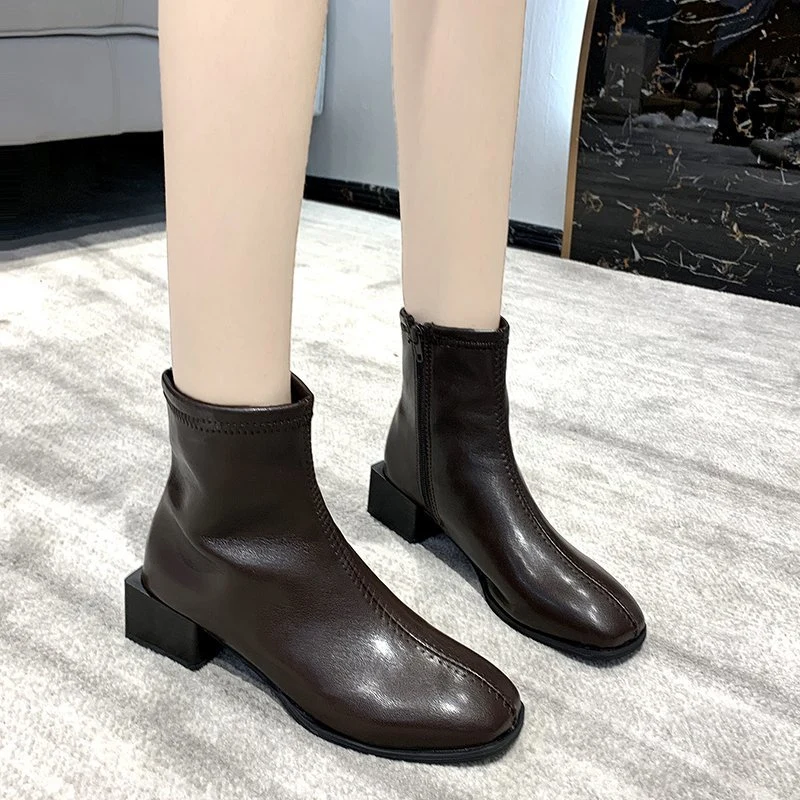 INS/Зимние Модные женские ботильоны на низком каблуке Винтажные коричневые