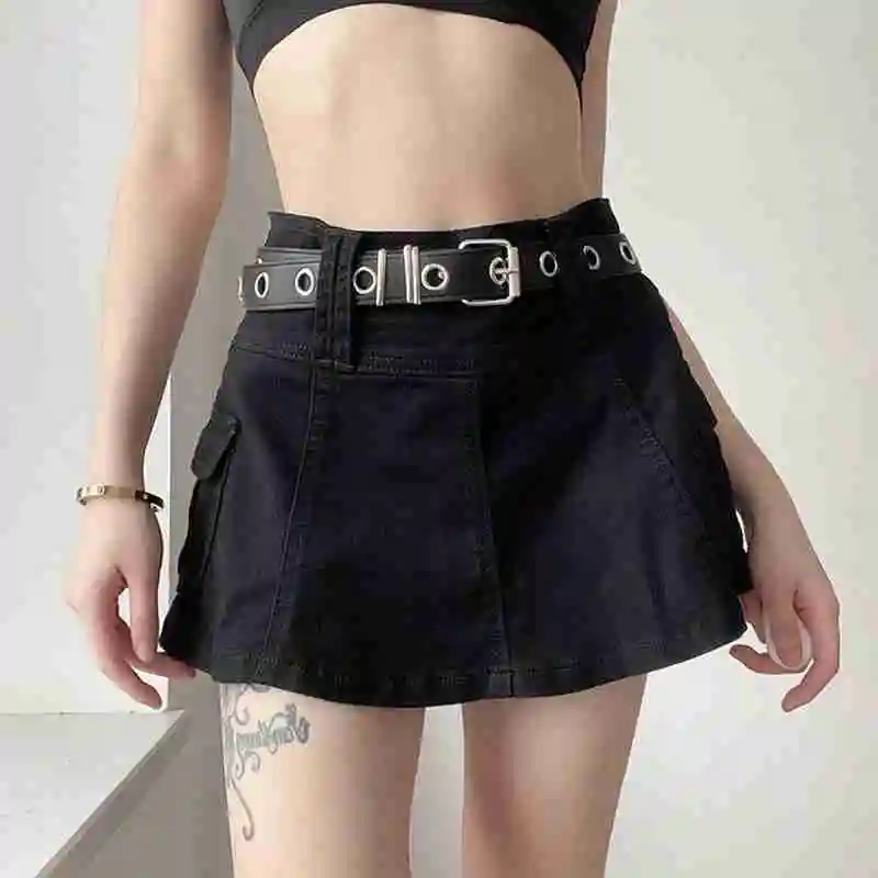 Черная джинсовая микро юбка Y2K с заниженной талией уличная одежда карманами
