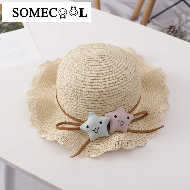 

Lovely Girls Stars Summer Sun Hats weaving Crochet Beach hats Large Wide Brim Straw Summer Floppy Loli Vintage Bucket Cap H2