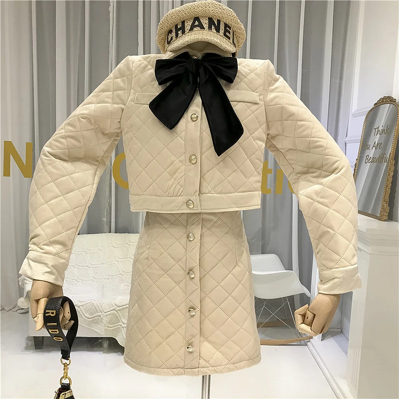 ALPHALMODA Women's 2019 Winter Elegant Padded Skirt Suits Bow Collar Long-sleeved Short Cut Coat A-line 2pcs Fashion Set | Женская