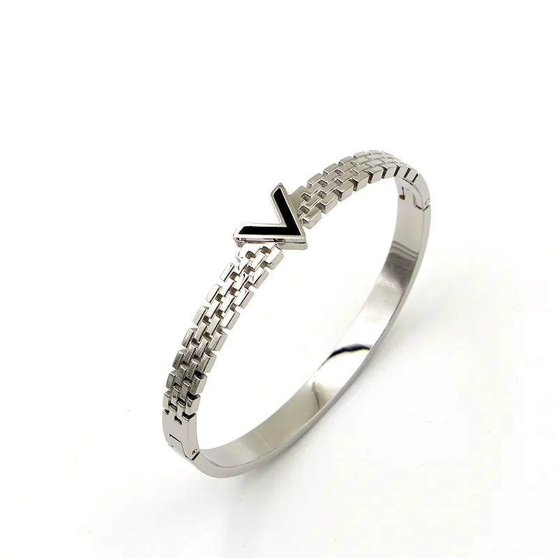 

Women Jewelry V Letter Black Enamel Bangle For Women Men Gold-Color Wristhand Belt Bangles Cuff Buckle Bracelets