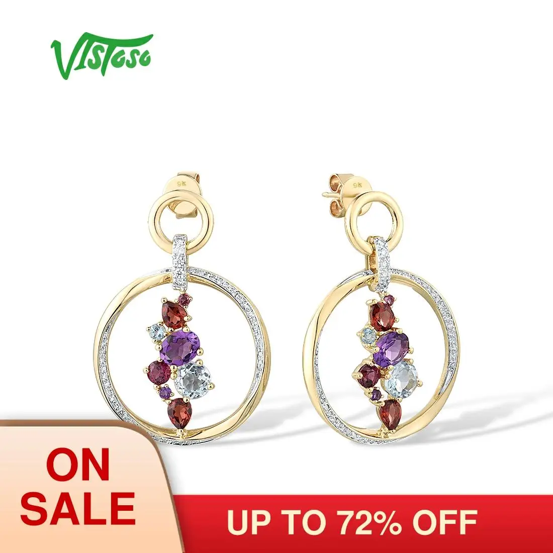 

VISTOSO Pure 9K 375 Yellow Gold Earrings For Women Sparking Diamond Amethyst Multicolor Gems Dangling Earrings Gift Fine Jewelry