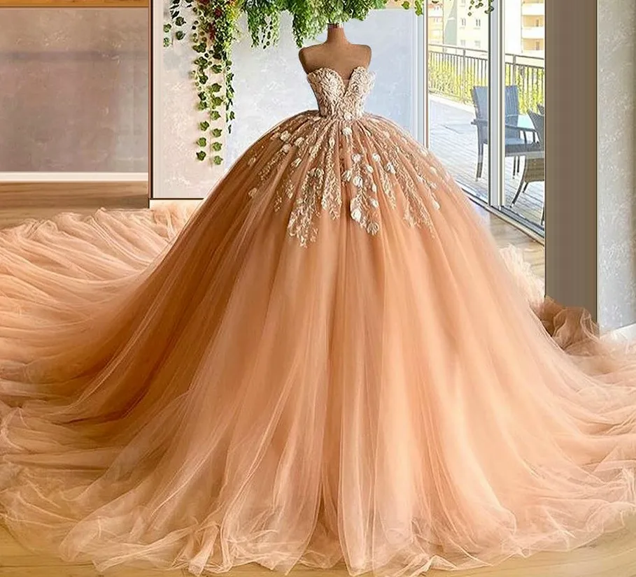 

2021 красное шампанское Пышное Бальное платье Свадебные платья с аппликацией сердечком Цветы Свадебные платья