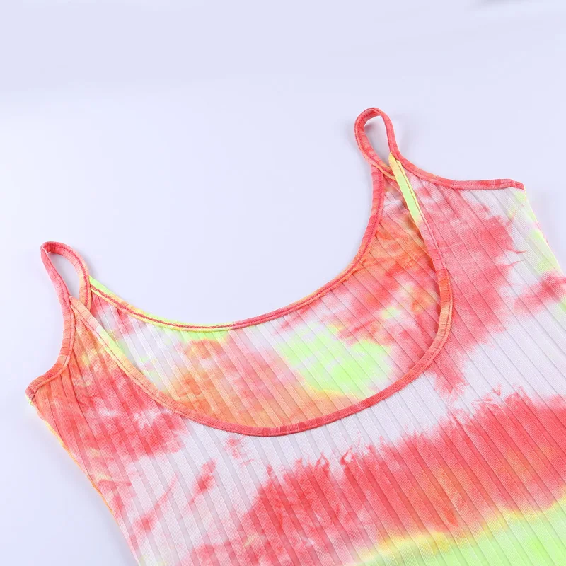 

OSLLENLLA Tie Dye Spaghetti Strap Dress Drawstring Hem Backless Sexy Elegant Party Casual Summer Women Bodycon Mini Cami Dresses