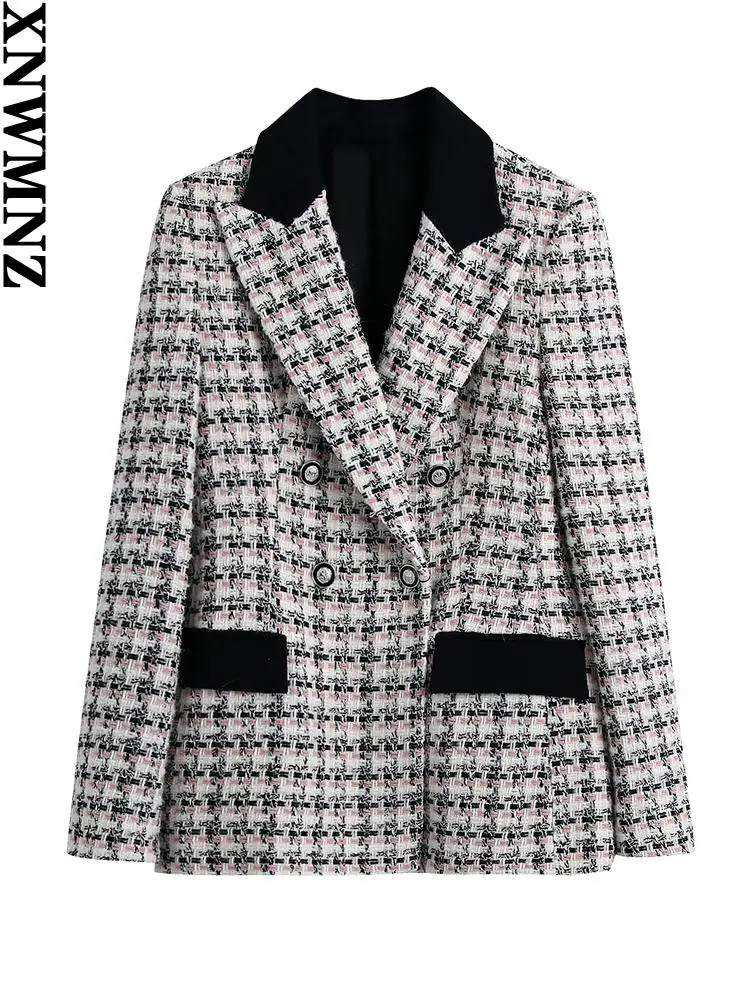 

XNWMNZ Women 2022 fashion double breasted check tweed blazer coat vintage long sleeve pockets female outerwear chic veste femme