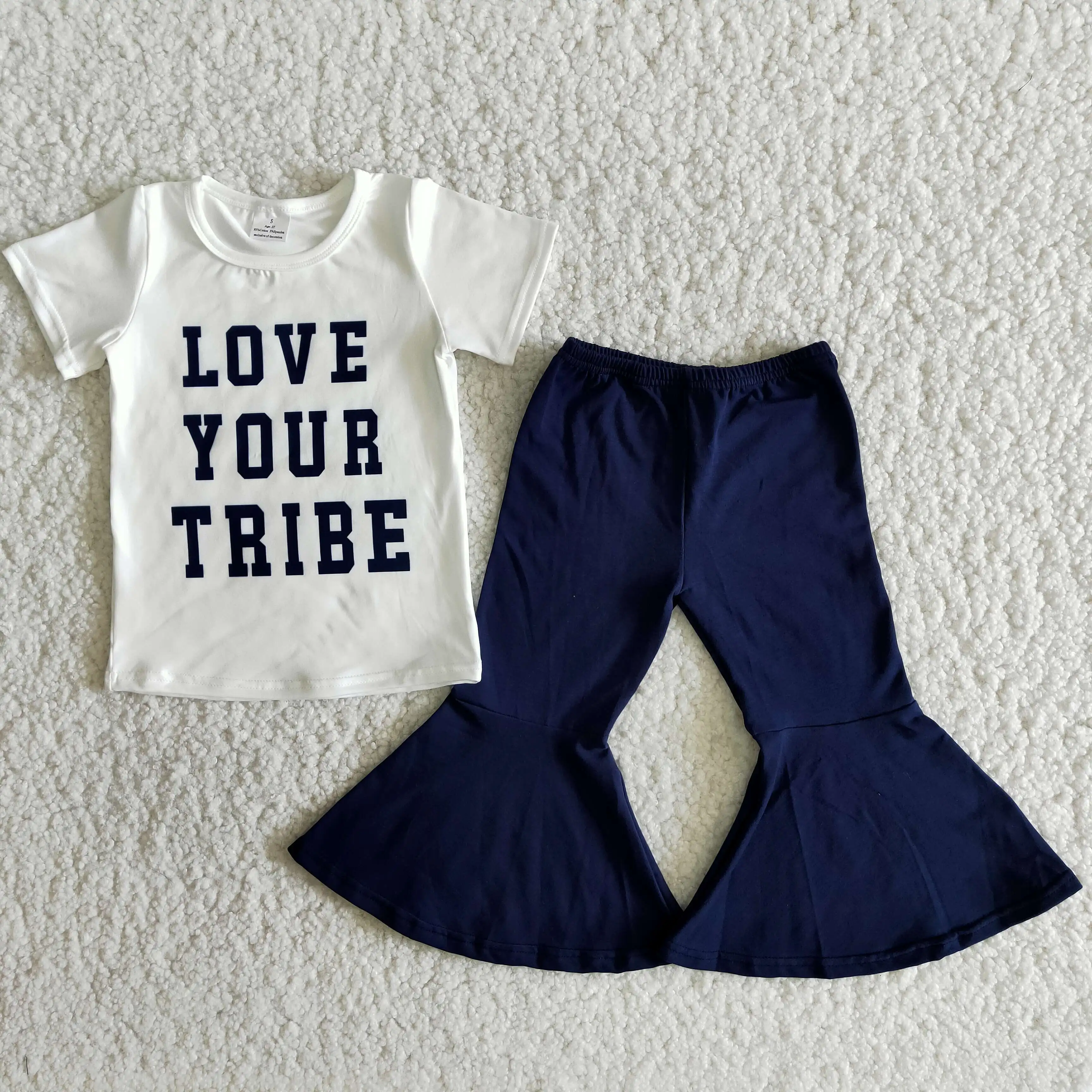 

Love your tribe kids letter T-shirt short-sleeved kids clothes navy blue bell bottom trousers fashion kids clothes wholesale
