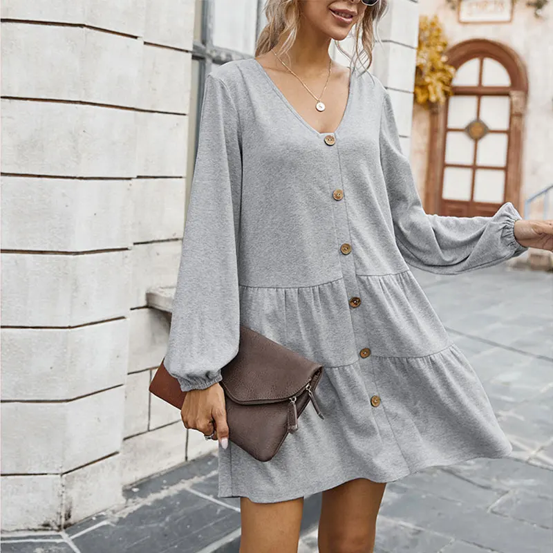 

2021 New Autumn Winter Casual Solid Dress Women V Neck Button Loose Simple Office Lady Full Sleeve Dress
