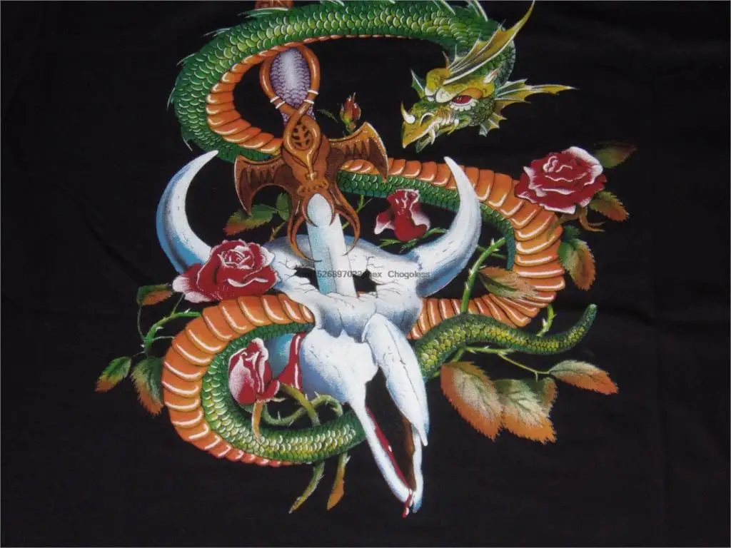 Байкерская рубашка Fantasy Serpent с коровьим черепом мечом и розами GD44 | Мужская одежда