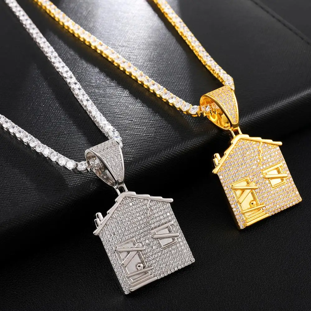 

Men/Women Hip hop iced out bling small House Pendant Necklaces AAA Zircon fashion Hiphop necklace jewelry gifts Drop shipping