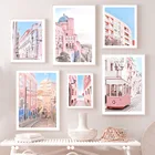 Португалия Лиссабонский замок автобус здание розовая фотография скандинавские постеры и принты художественная живопись холст настенные картины для декора гостиной