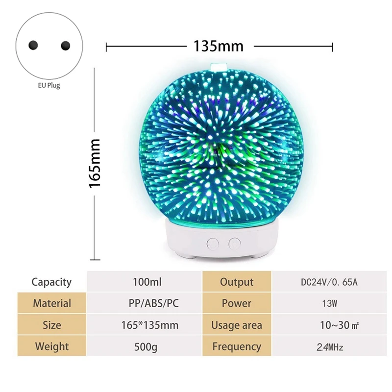3D фейерверк Стекло Ультразвуковой увлажнитель воздуха с 7 цветов светодиодный