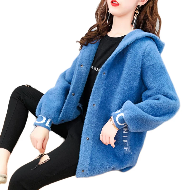 

Top selling product Youth Clothing Shaggy Coat Fashion Women Fur Outerwear Autumn / Winter Hooded Imitation Mink Cardigan