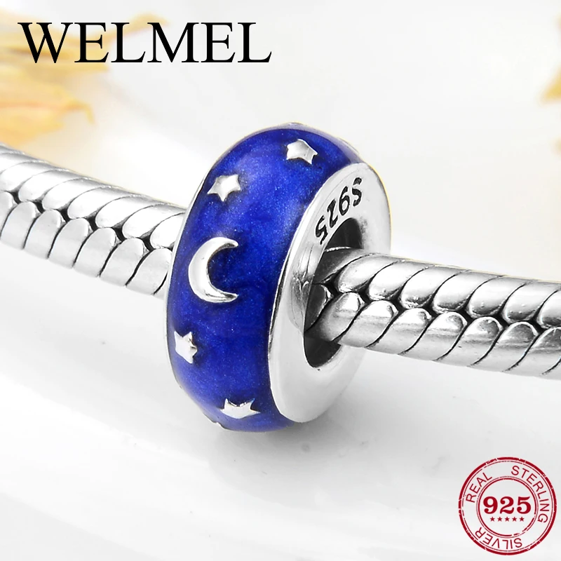 Подлинное Стерлинговое Серебро 925 пробы яркая звезда Луна синий эмалевый