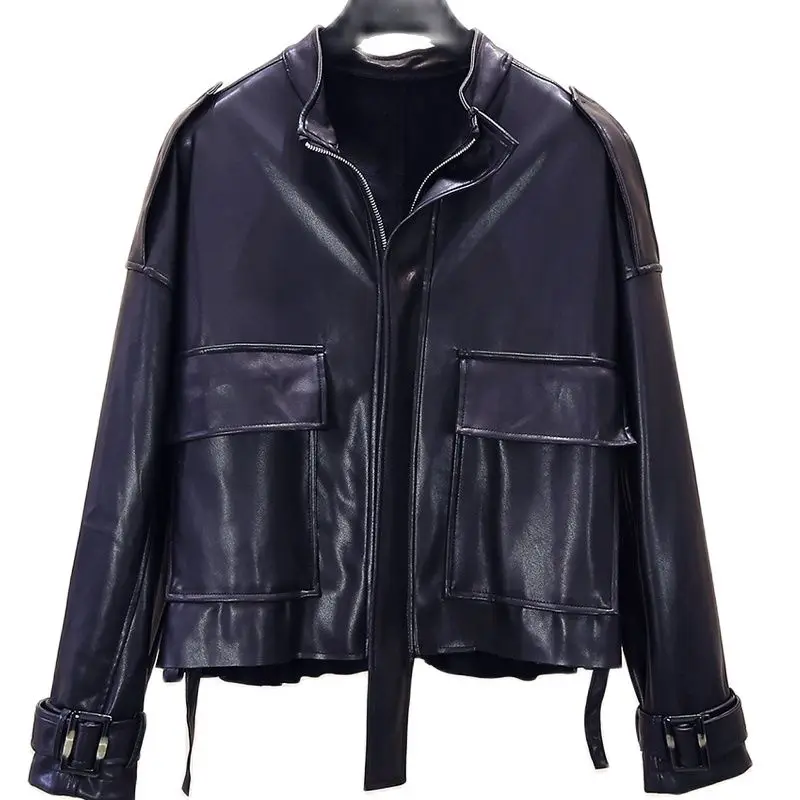

Autumn 2020 new leather jacket women's Korean standing collar loose black washed Pu leather short jacket leather moto jacket