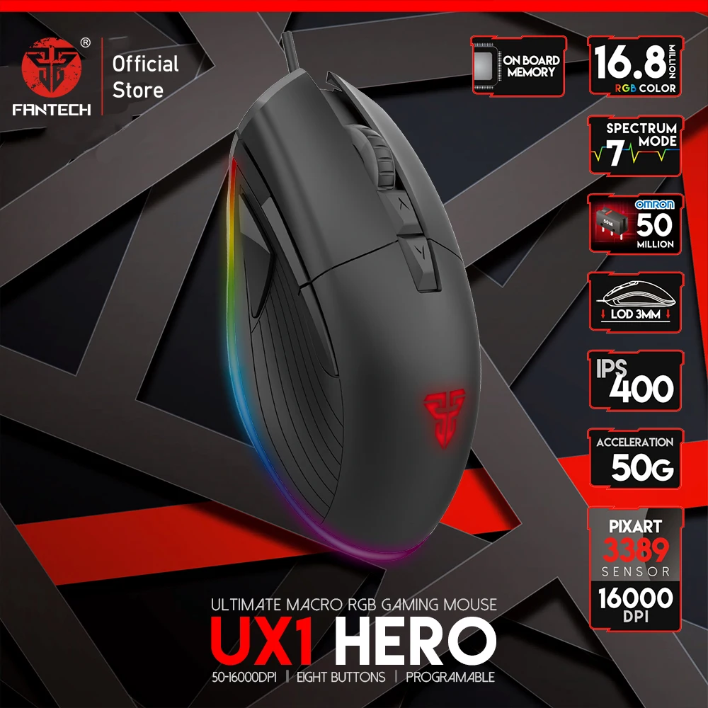 Fantech UX1 Регулируемая 16000 dpi 8 кнопок макро USB кабель мышь верхний уровень конфигурация профессиональная игровая мышь для мыши геймера