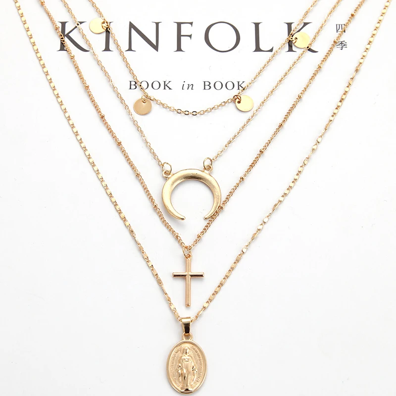 Женское многослойное ожерелье с кулоном в виде креста