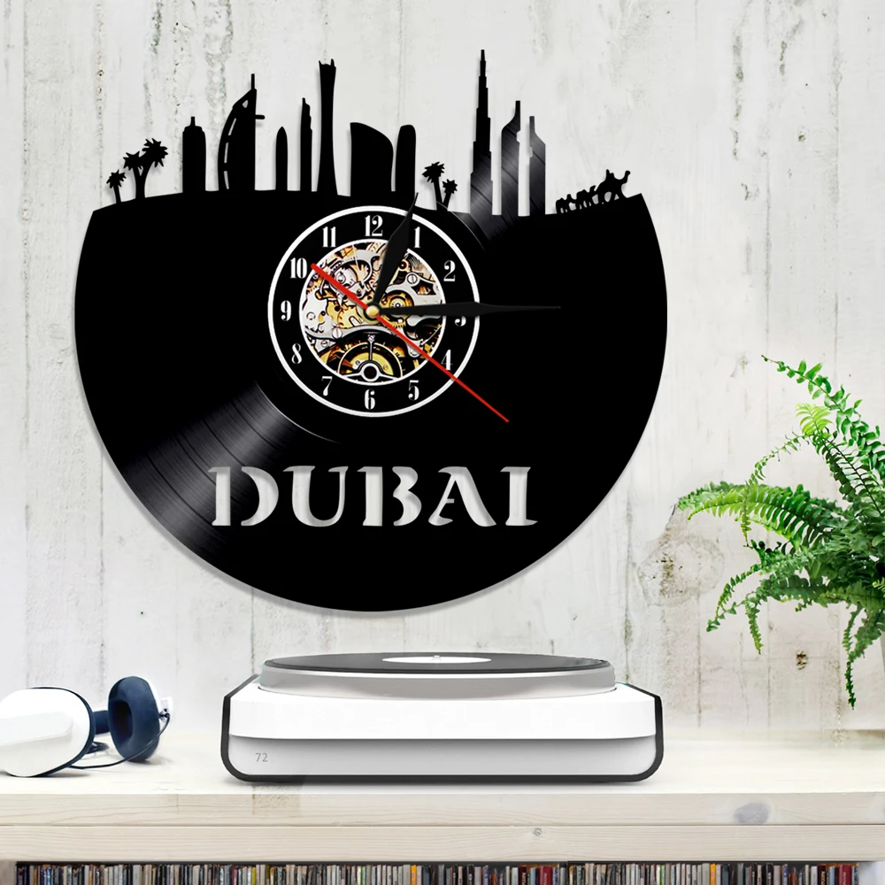 Современный дизайн виниловые настенные часы Дубай городской пейзаж Искусство