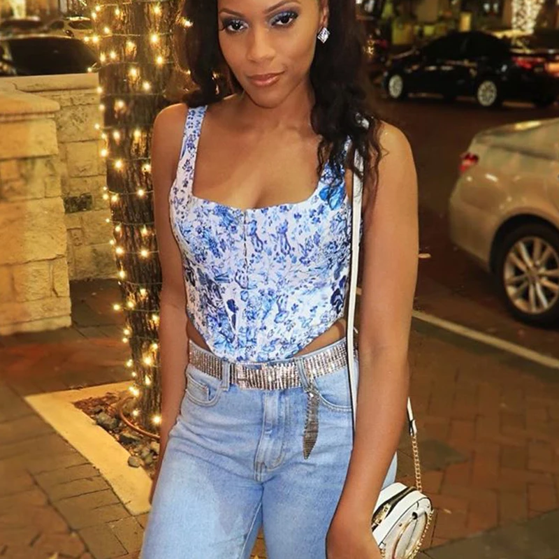 Цветочные принты синие Сексуальные вечерние женские майки с пряжкой тонкий