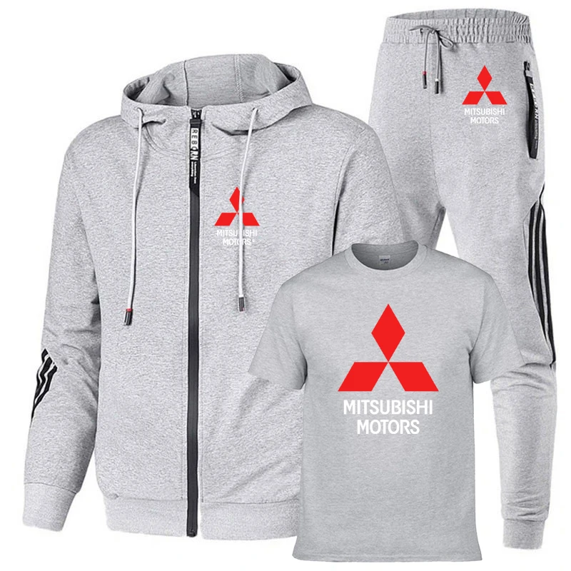 

Men's suits Mitsubishi Car Logo Printed Hoodie Spring Autumn high quality stripe cotton Men's sweatshirt+T-shirt+pants 3-piece