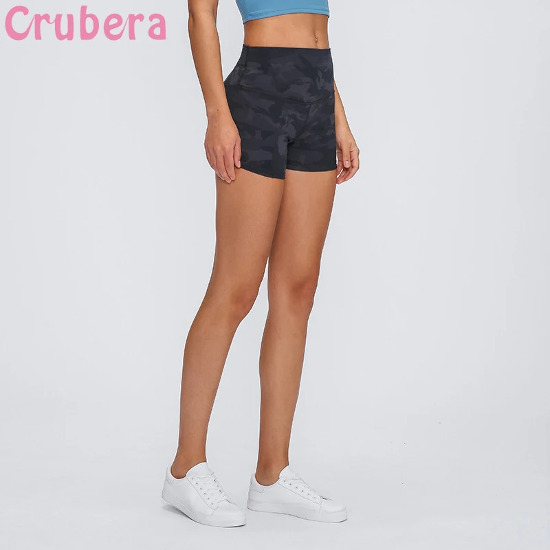 CRUBERA-pantalones cortos de entrenamiento para mujer, de cintura alta, estampados lisos, de tela, a prueba de sentadillas, para Yoga y entrenamiento