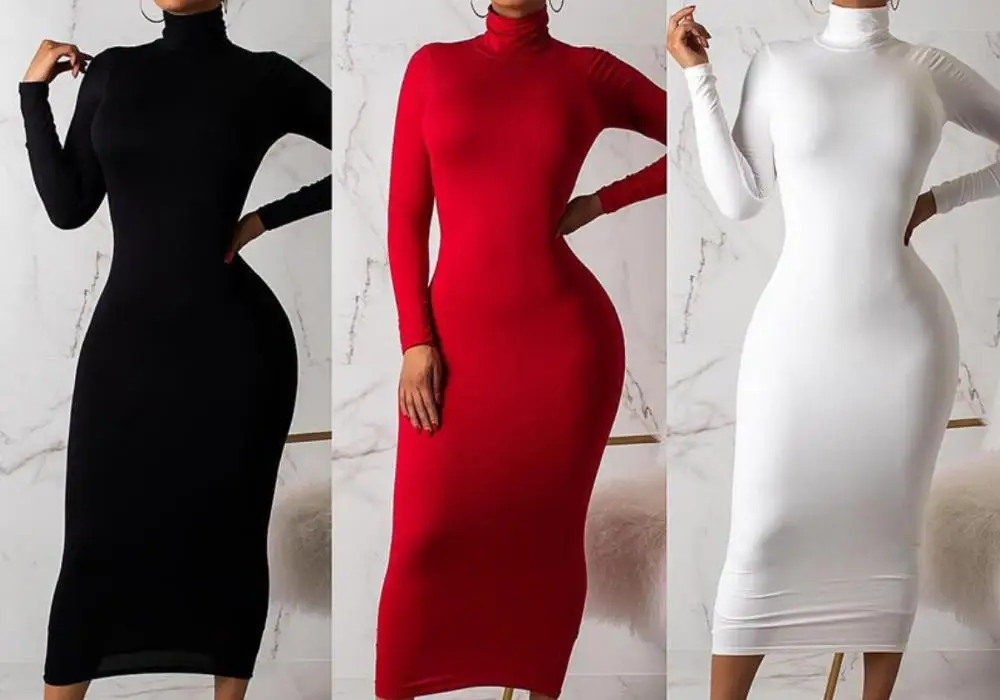 Женское длинное платье водолазка красное черное белое Клубное вечернее миди с