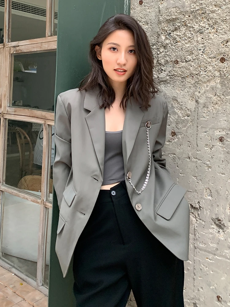 

Suit jacket 2020 female spring autumn british style leisure chic design blazer for women with the chain casual outfit
