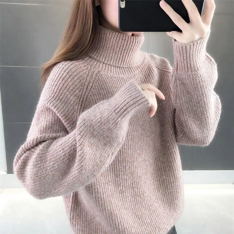 

Suter de cuello alto de estilo perezoso para mujer, suter de oto o con felpa y parte inferior tejida negra gruesa para ropa