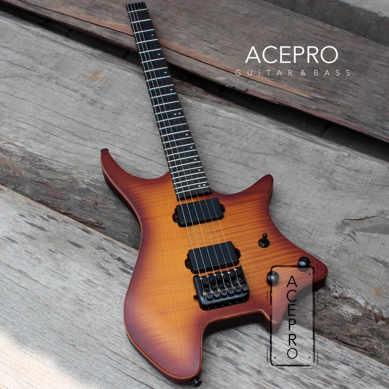 Электрогитара Sunburst черная без головы с верхом из огненного клена | Спорт и