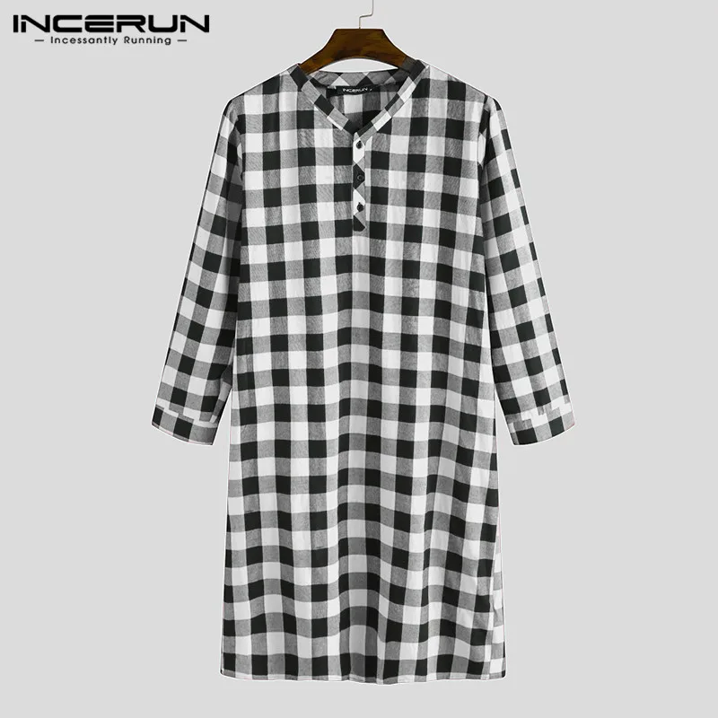 2023 New Men Plaid Sleep Robes Sleepwear Men Fashion Soft Loose Long Sleeve V Neck Button Nightgowns Casual Long Pajamas INCERUN