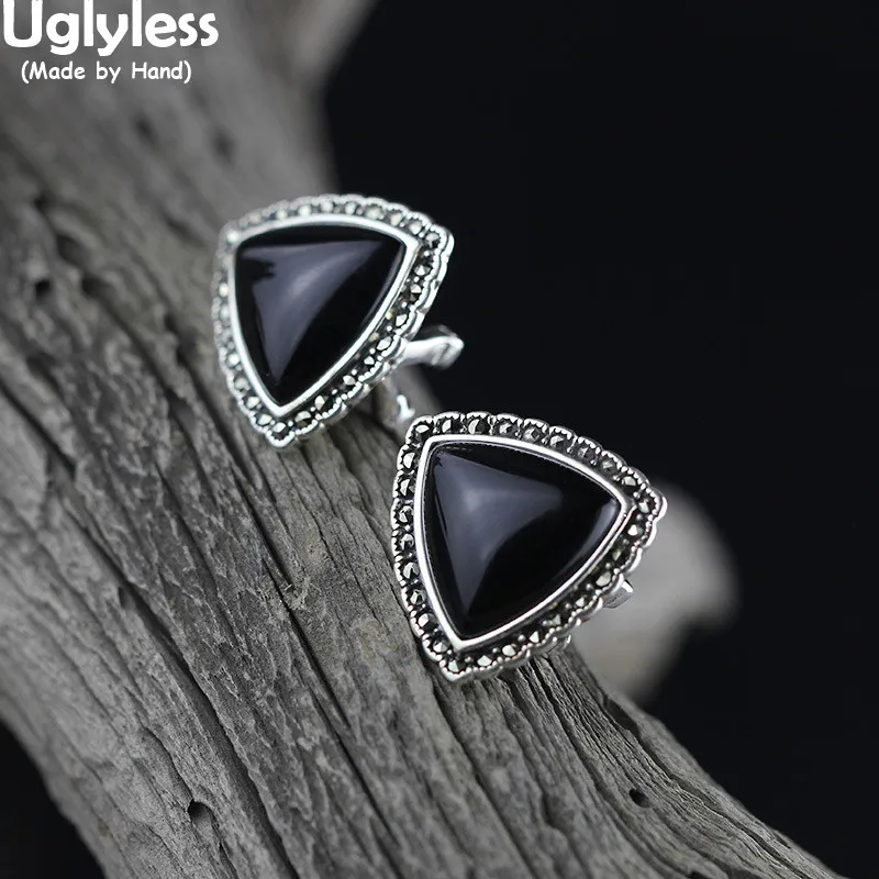 

Uglyless Fashion Simple Triangle Chalcedony Studs Earrings for Women Geometric Marcasite Brincos Real 925 Silver Vintage Jewelry