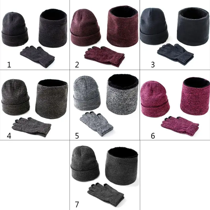 

Mens Womens 3Pcs Knitted Cuffed Beanie Hat Loop Scarf Touch Screen Gloves Set