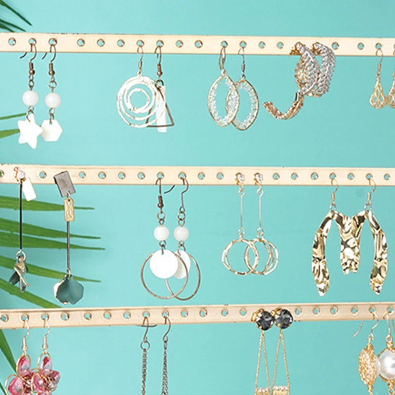 

Jewellery Stand Earring Holder Jewelry Display Storage Organiser Rack with 66 holes Metal Bar Solid Wood Base for Women Girls