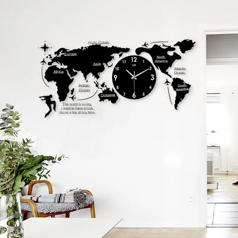 Большие настенные часы с современным дизайном картой мира домашний декор