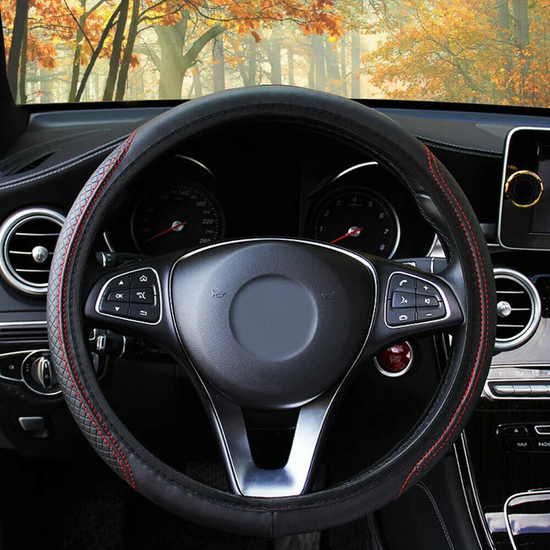 

PU Leather Universal Car Steering Wheel Cover Good Grip Wearable Non Slip Breathable for 15"/ 37-38CM Auto Accessories Interior