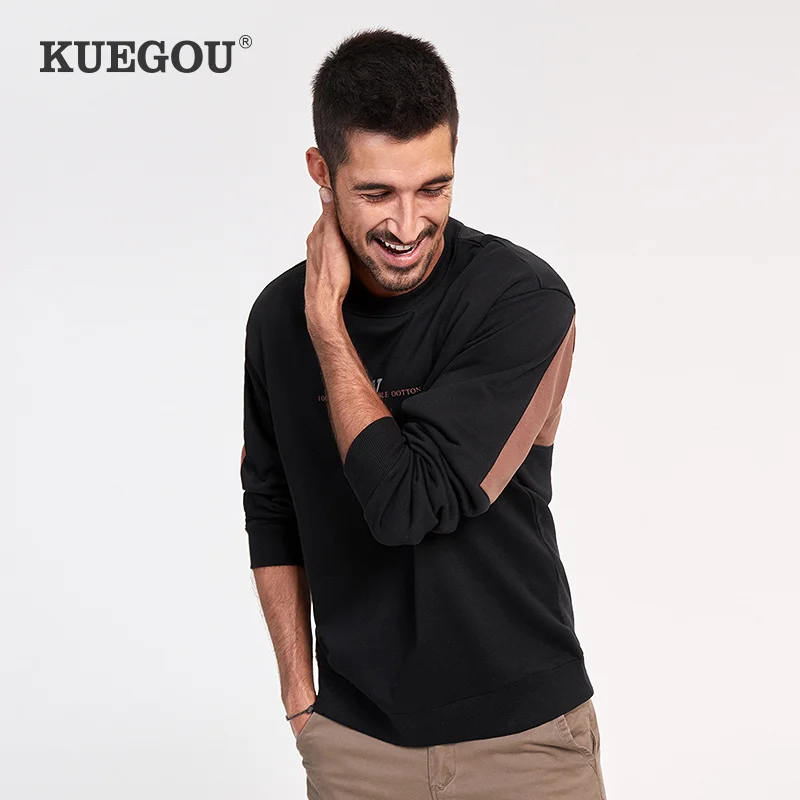 

KUEGOU Autumn Cotton Clothing Men's Hoodie Sweatshirts Letter Printing Sweatshirt men Streetwear Patchwork Top Hip Hop PW-1296
