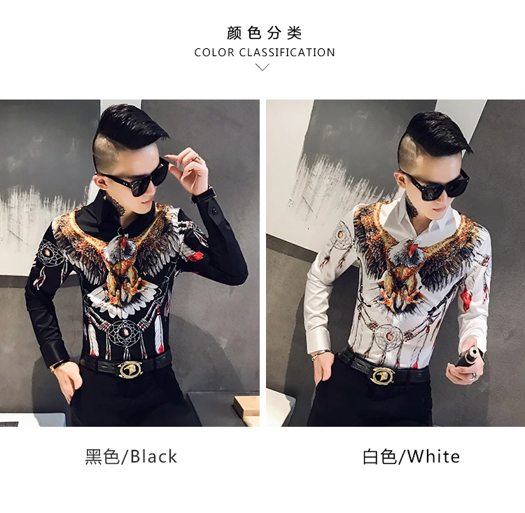 Осенняя мужская Модная приталенная рубашка с коротким рукавом Camisa Masculina, Повседневная Уличная Мужская рубашка с принтом орла