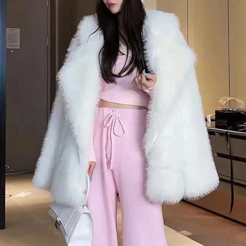 New Winter Women Faux Fox Fur Coat Female Turn Down Collar Thick Warm Long Sleeve Jacket Yellow Elegant Girl Oversized Outerwear