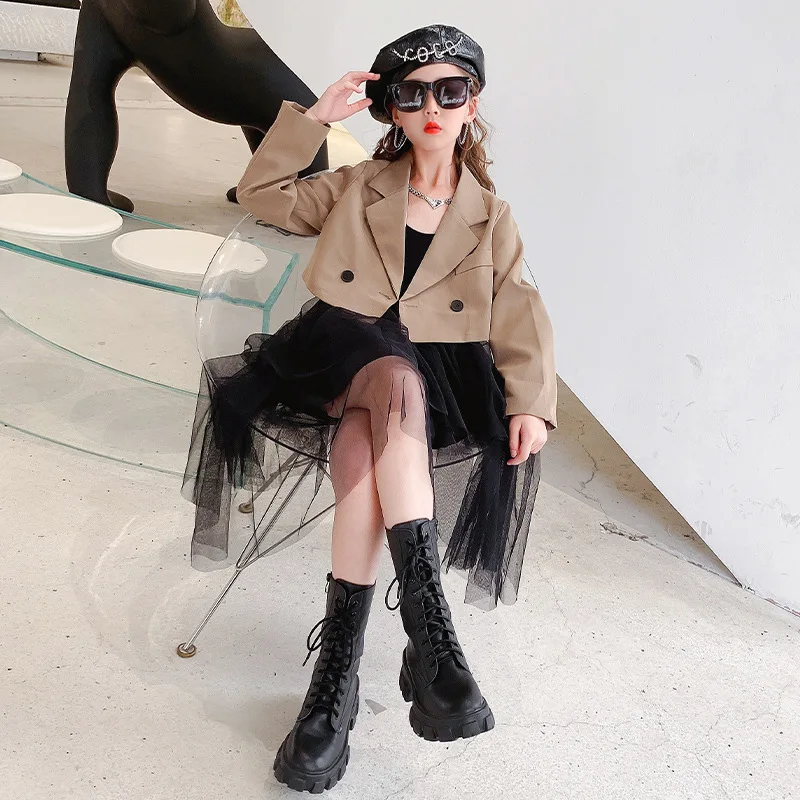 Короткие костюмы для девочек осень 2021 Новое Детское Сетчатое платье в западном