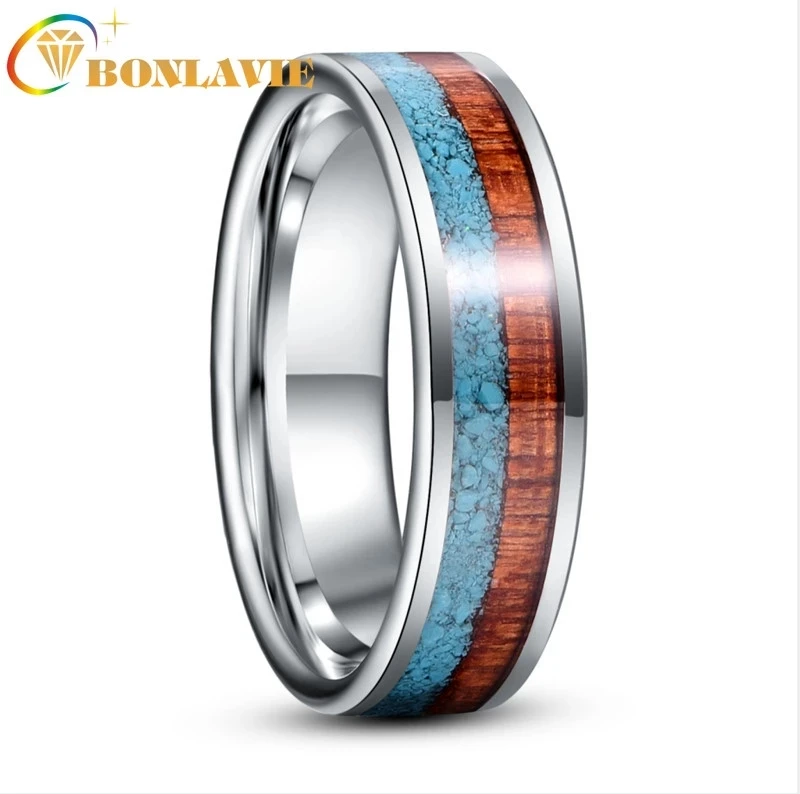 

BONLAVIE 6mm Inlaid Turquoise Wood Grain Steel Color Tungsten Carbide Ring Men's Fashion Wedding Jewelry Best Gift
