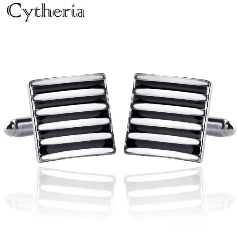 Мужские запонки в черно белую полоску с квадратной пуговицей красные