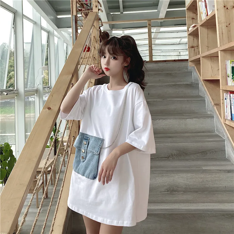 Женская джинсовая футболка на молнии свободная средней и длины с коротким