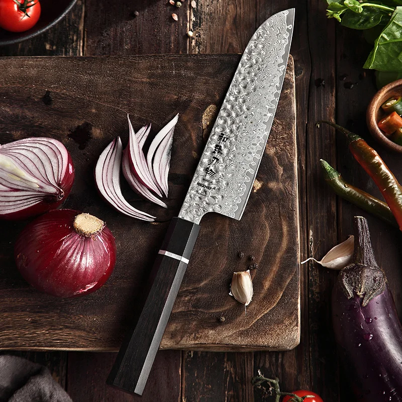 

HEZHEN 7 ''дюймовый нож Santoku высокоуглеродистой Дамасская сталь Тесак нож высокого качества Премиум эбенового дерева + рог буйвола ручка