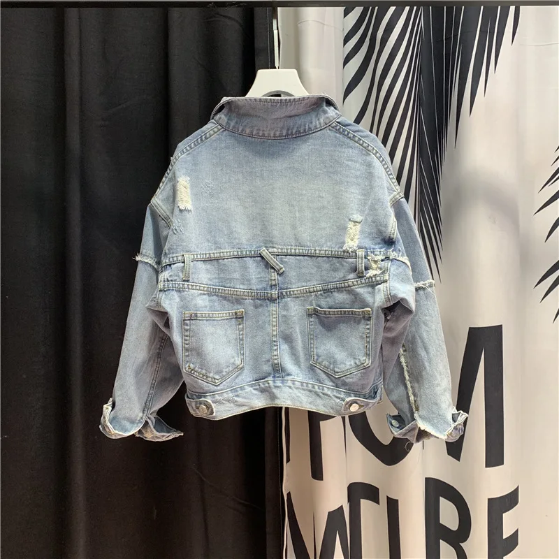 

Denim Jacket Women's Pockets with Raw Edges Stitching Was Thin and Loose, Plus Size Casual
