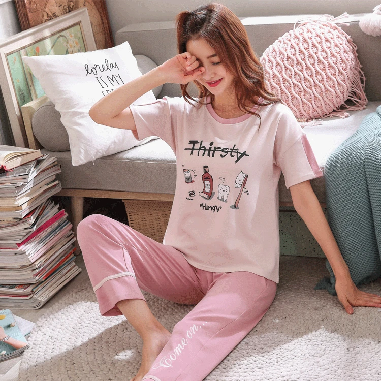 

Pajamas women's short-sleeved trousers cotton autumn thin half-sleeved summer two-piece suit seasonal home clothes suit