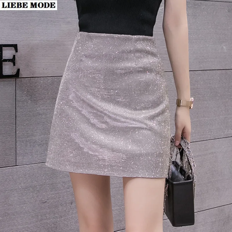 Мини-юбка женская трапециевидная с блестками пикантная вечерняя блестящая юбка